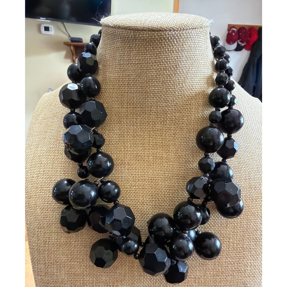 Black Multi Strand Chunky Bead Statement Necklace Faceted Bib Layered